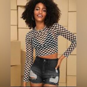 Women Checkerboard Checkered Sheer Mesh Long Sleeve T-Shirt Crop Top Blouse S